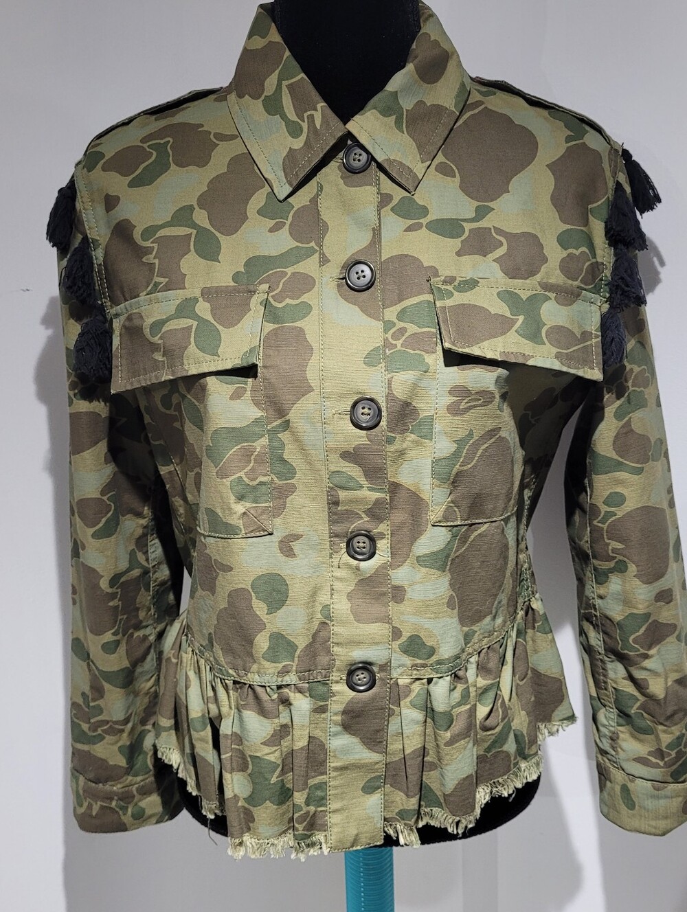 Zara Women's Embroidered Tassel Camo Peplum Jacket XS Green Boho Indie